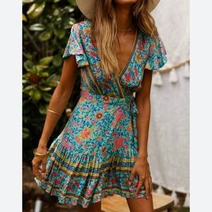 Boho Floral Print Teal Mini Wrap Dress Medium
